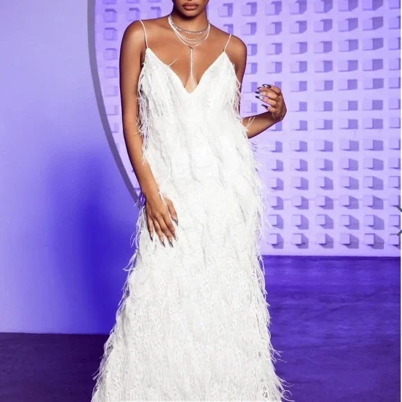 fitted lace wedding dress Armina Black One-Shoulder Feather-Trim Maxi Dress – Club L London